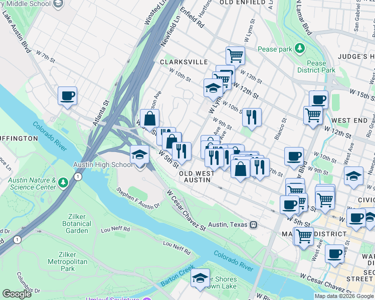 map of restaurants, bars, coffee shops, grocery stores, and more near 1513 West 6th Street in Austin