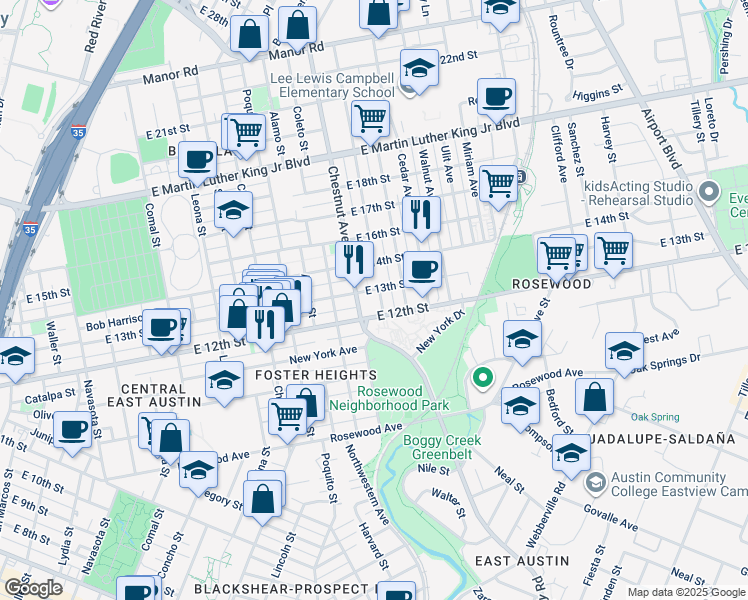 map of restaurants, bars, coffee shops, grocery stores, and more near 1208 Maple Avenue in Austin
