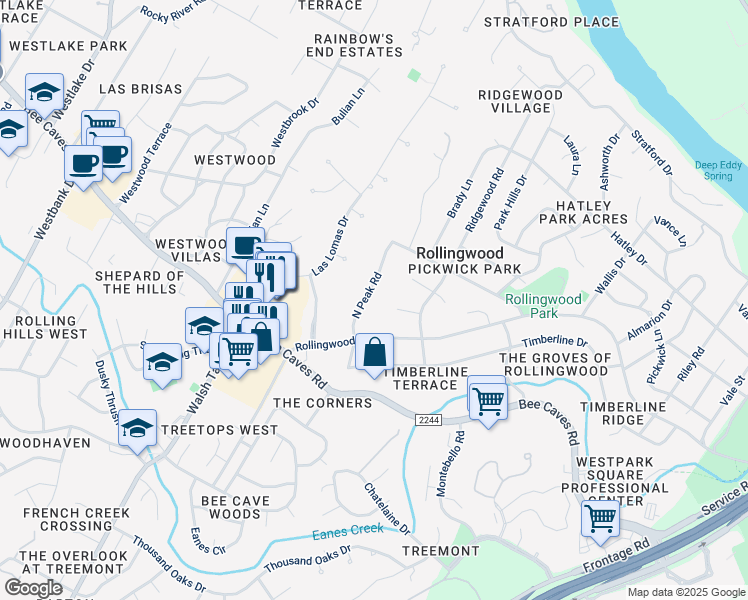 map of restaurants, bars, coffee shops, grocery stores, and more near 3 North Peak Road in West Lake Hills