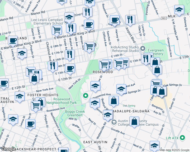 map of restaurants, bars, coffee shops, grocery stores, and more near 1183 1/2 Hargrave Street in Austin