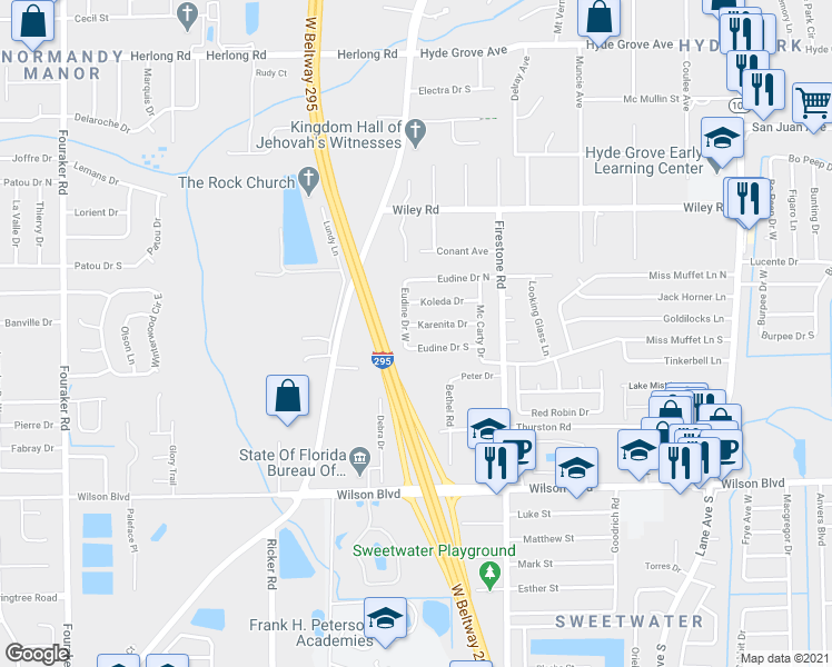 map of restaurants, bars, coffee shops, grocery stores, and more near 7254 Karenita Drive in Jacksonville