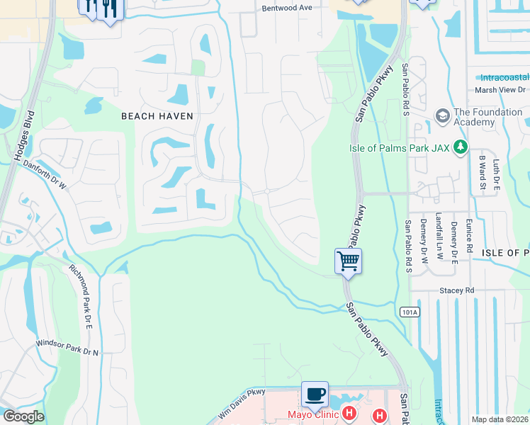 map of restaurants, bars, coffee shops, grocery stores, and more near 3846 Burnt Pine Drive in Jacksonville