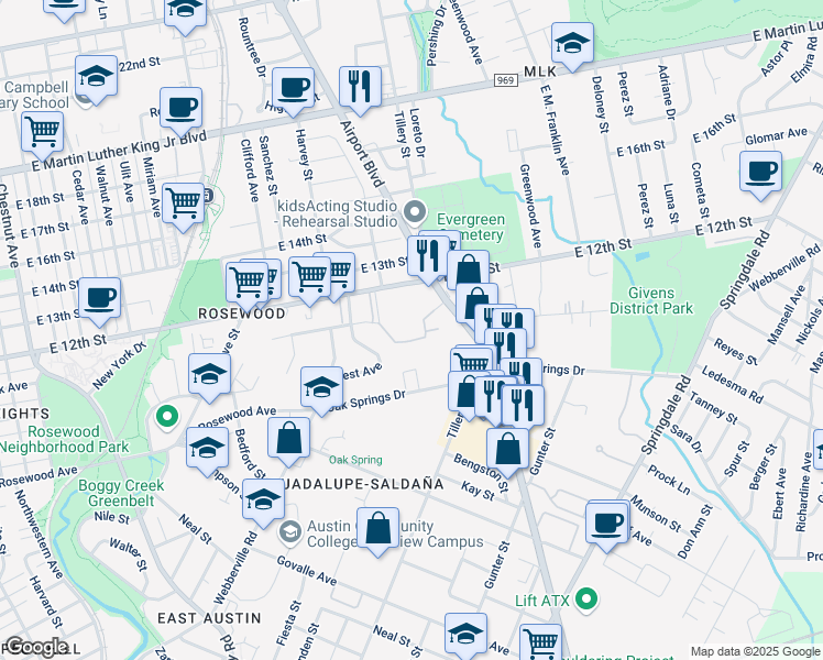 map of restaurants, bars, coffee shops, grocery stores, and more near 1190 Airport Boulevard in Austin