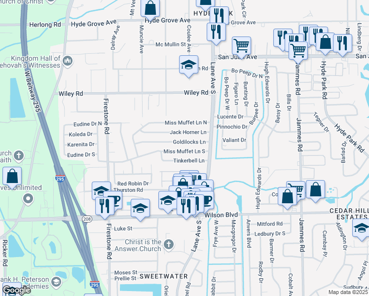map of restaurants, bars, coffee shops, grocery stores, and more near 6809 Miss Muffet Lane South in Jacksonville
