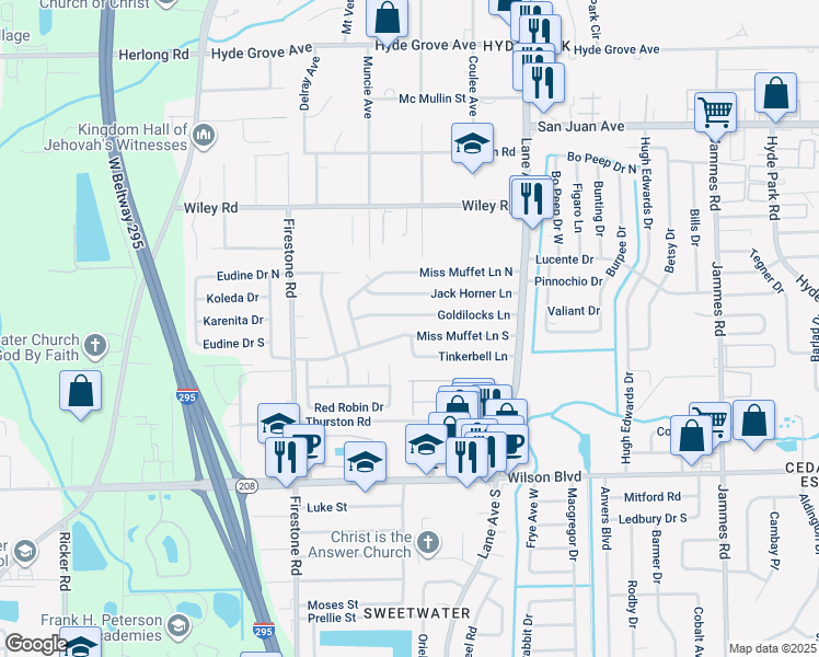 map of restaurants, bars, coffee shops, grocery stores, and more near 6911 Miss Muffet Lane South in Jacksonville