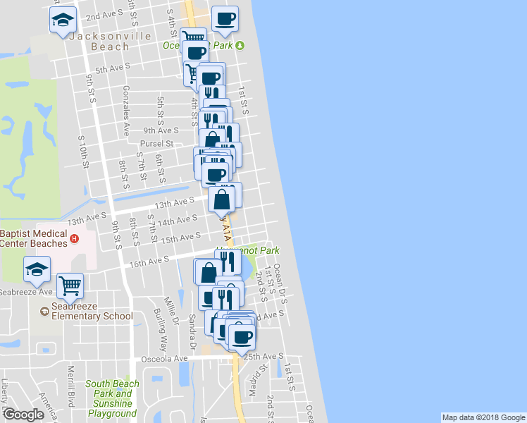 map of restaurants, bars, coffee shops, grocery stores, and more near 1415 1st Street South in Jacksonville Beach