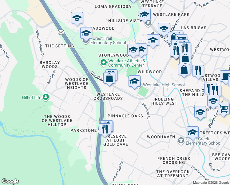 map of restaurants, bars, coffee shops, grocery stores, and more near 1406 1/2 Camp Craft Road in Austin