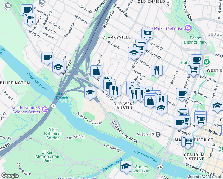 map of restaurants, bars, coffee shops, grocery stores, and more near 1612 West 5th Street in Austin