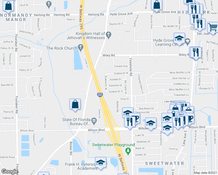 map of restaurants, bars, coffee shops, grocery stores, and more near 7254 Karenita Drive in Jacksonville