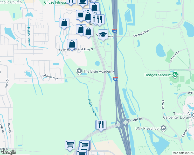 map of restaurants, bars, coffee shops, grocery stores, and more near 11291 Alumni Way in Jacksonville
