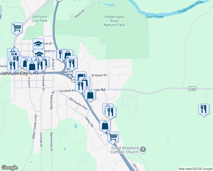 map of restaurants, bars, coffee shops, grocery stores, and more near 105 Gonzales Avenue in Johnson City
