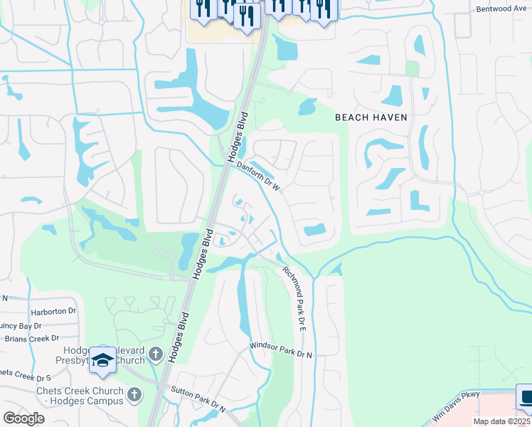 map of restaurants, bars, coffee shops, grocery stores, and more near 13715 Richmond Park Drive North in Jacksonville
