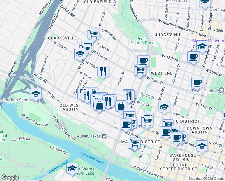 map of restaurants, bars, coffee shops, grocery stores, and more near 810 Blanco Street in Austin