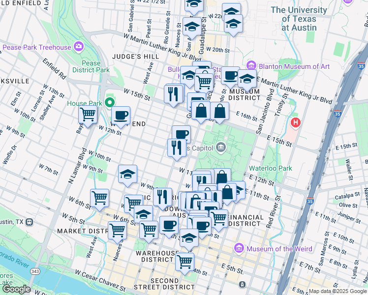 map of restaurants, bars, coffee shops, grocery stores, and more near in Austin