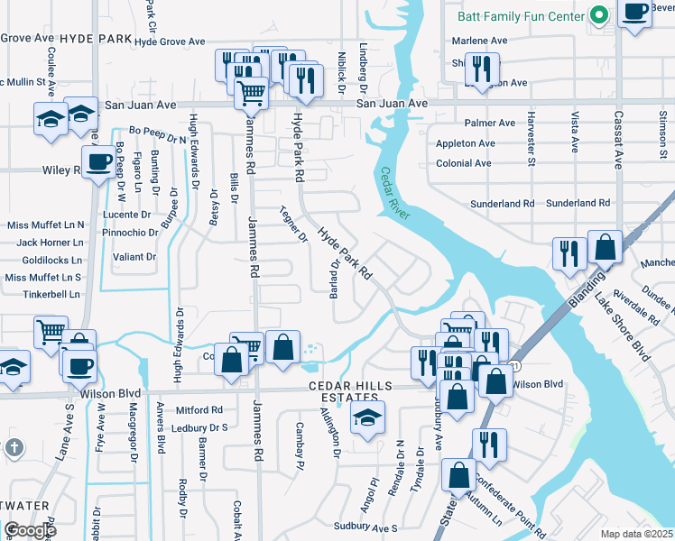map of restaurants, bars, coffee shops, grocery stores, and more near 2327 Barlad Drive in Jacksonville
