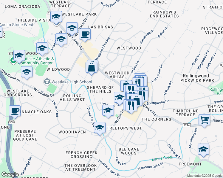 map of restaurants, bars, coffee shops, grocery stores, and more near 3355 Bee Cave Road in West Lake Hills