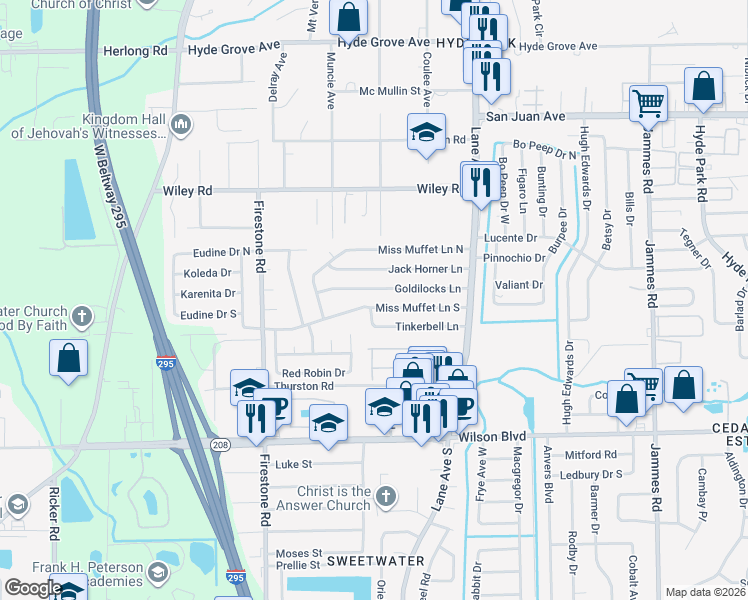 map of restaurants, bars, coffee shops, grocery stores, and more near 6851 Tinkerbell Lane in Jacksonville