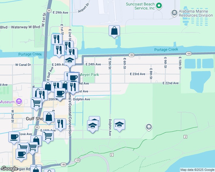 map of restaurants, bars, coffee shops, grocery stores, and more near 529 East 21st Avenue in Gulf Shores