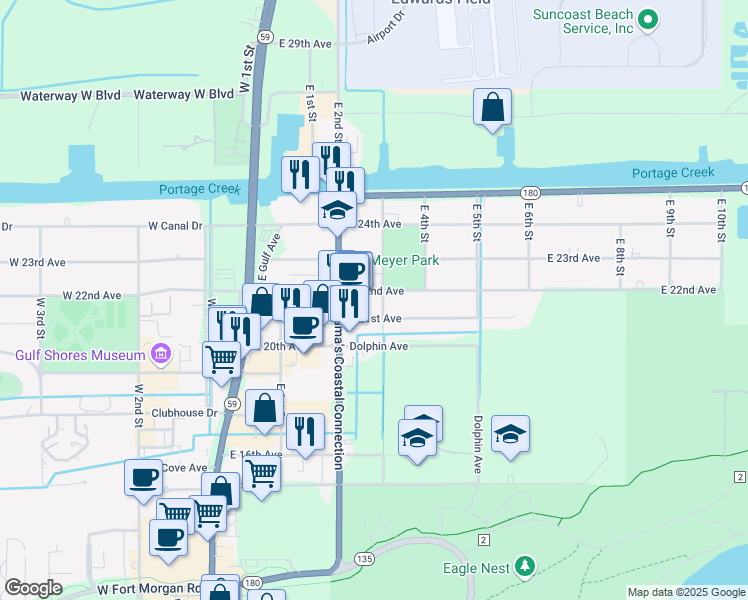 map of restaurants, bars, coffee shops, grocery stores, and more near 2200 East 21st Avenue in Gulf Shores