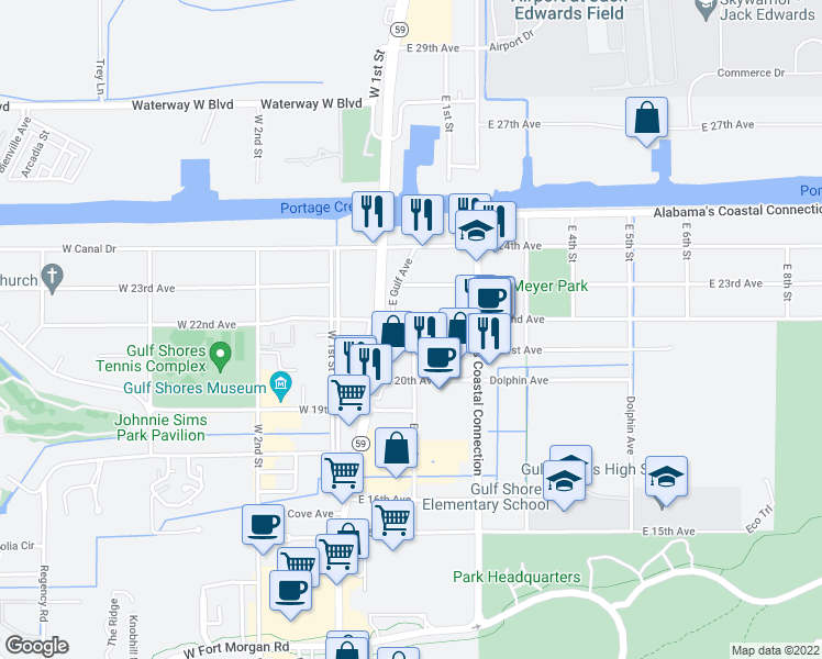 map of restaurants, bars, coffee shops, grocery stores, and more near 201 East 21st Avenue in Gulf Shores