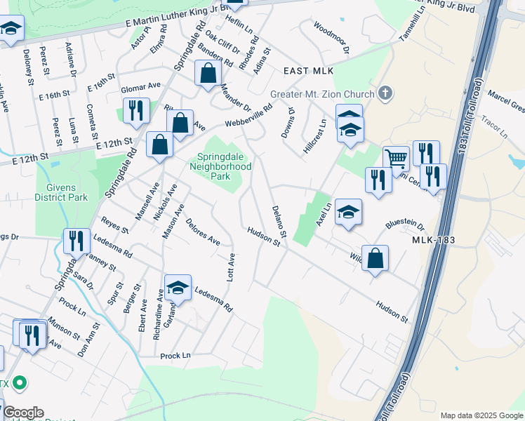 map of restaurants, bars, coffee shops, grocery stores, and more near 5406 Hudson Street in Austin