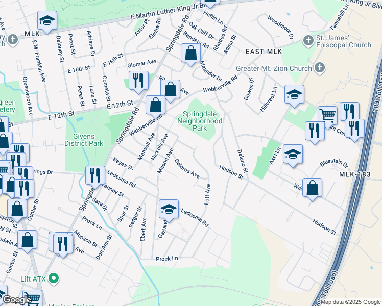 map of restaurants, bars, coffee shops, grocery stores, and more near 5106 Delores Avenue in Austin