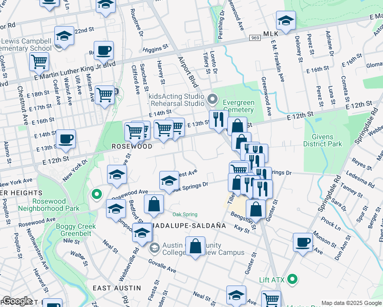 map of restaurants, bars, coffee shops, grocery stores, and more near 1177 Oak Grove Avenue in Austin