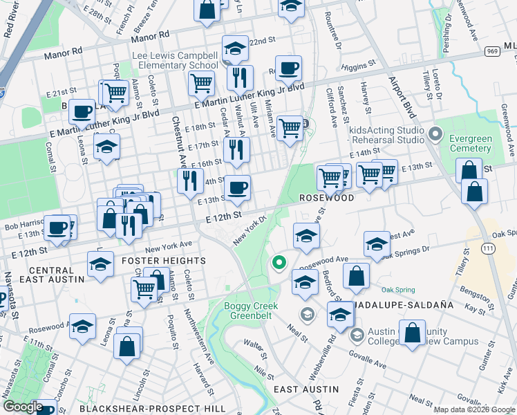 map of restaurants, bars, coffee shops, grocery stores, and more near 2706 East 12th Street in Austin