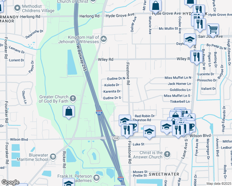 map of restaurants, bars, coffee shops, grocery stores, and more near 7178 Karenita Drive in Jacksonville