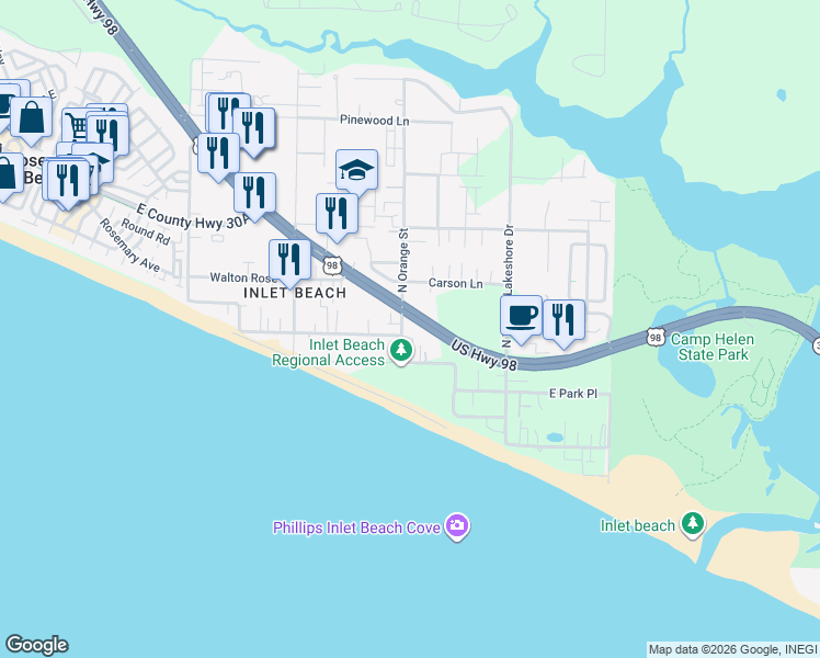 map of restaurants, bars, coffee shops, grocery stores, and more near 110 South Orange Street in Walton County
