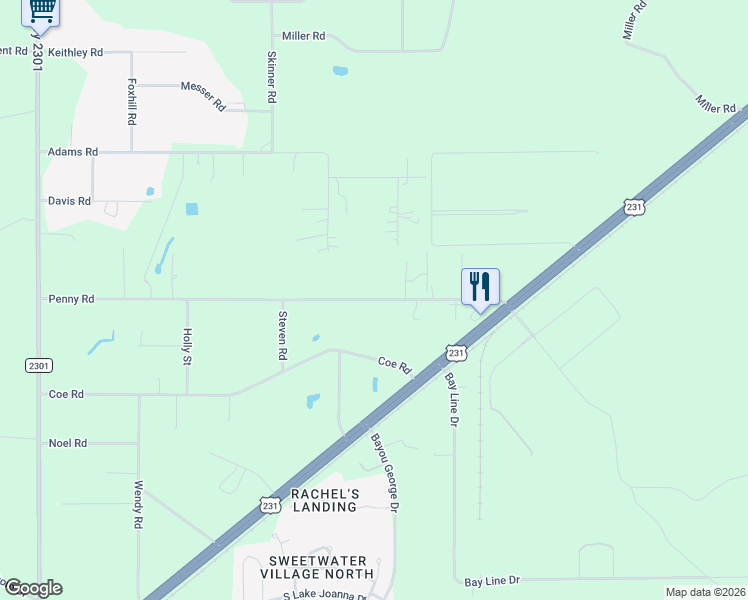 map of restaurants, bars, coffee shops, grocery stores, and more near 7340 Penny Road in Panama City