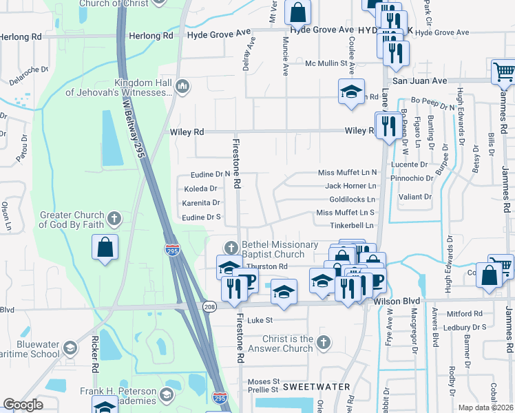 map of restaurants, bars, coffee shops, grocery stores, and more near 7070 Jacqueline Court in Jacksonville