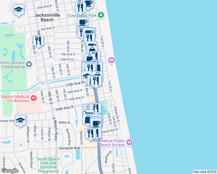 map of restaurants, bars, coffee shops, grocery stores, and more near 1512 15th Avenue South in Jacksonville Beach