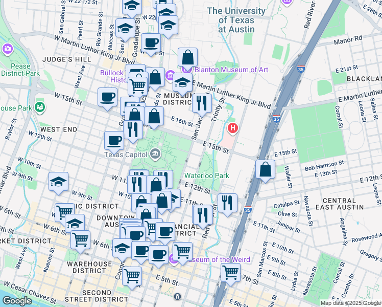 map of restaurants, bars, coffee shops, grocery stores, and more near 310 East 14th Street in Austin