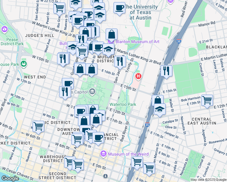 map of restaurants, bars, coffee shops, grocery stores, and more near 310 East 14th Street in Austin