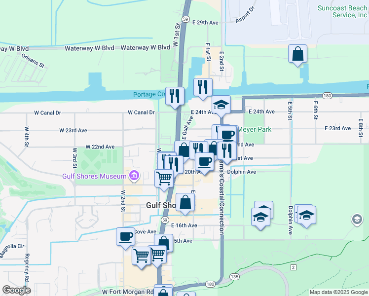 map of restaurants, bars, coffee shops, grocery stores, and more near Gulf Shores Parkway in Gulf Shores