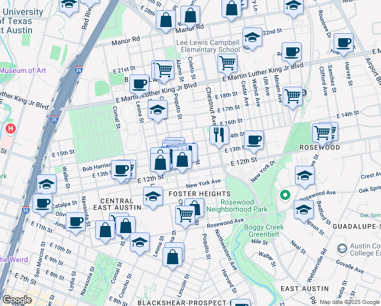 map of restaurants, bars, coffee shops, grocery stores, and more near 2102 East 13th Street in Austin