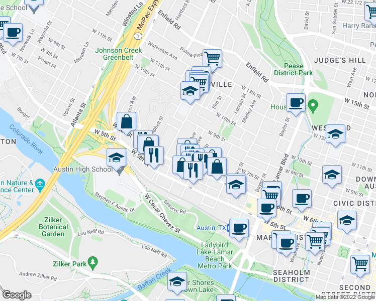 map of restaurants, bars, coffee shops, grocery stores, and more near 1412 West 6th 1/2 Street in Austin