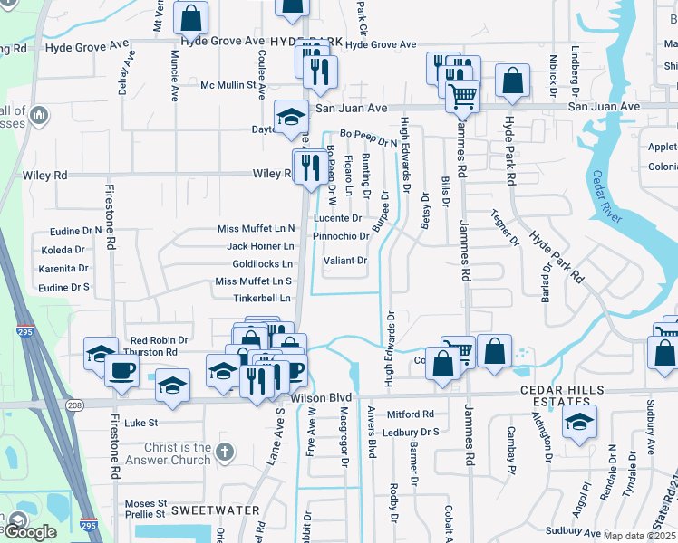 map of restaurants, bars, coffee shops, grocery stores, and more near 6643 Burpee Drive South in Jacksonville