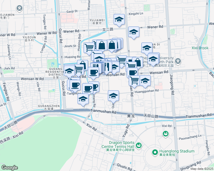 map of restaurants, bars, coffee shops, grocery stores, and more near 398 Wen San Lu in Hang Zhou Shi