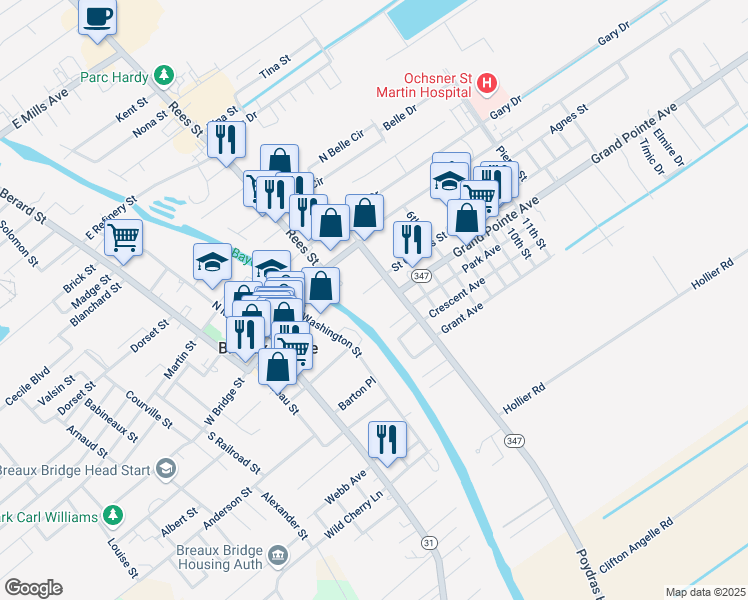 map of restaurants, bars, coffee shops, grocery stores, and more near 200-220 South Poydras Street in Breaux Bridge