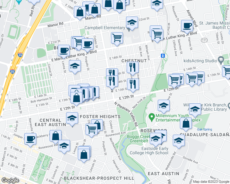 map of restaurants, bars, coffee shops, grocery stores, and more near 2301 East 13th Street in Austin
