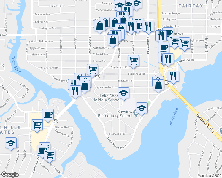 map of restaurants, bars, coffee shops, grocery stores, and more near 4736 Blackburn Street in Jacksonville