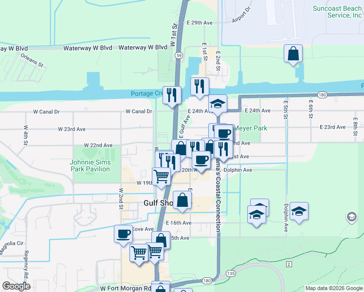 map of restaurants, bars, coffee shops, grocery stores, and more near Gulf Shores Parkway in Gulf Shores