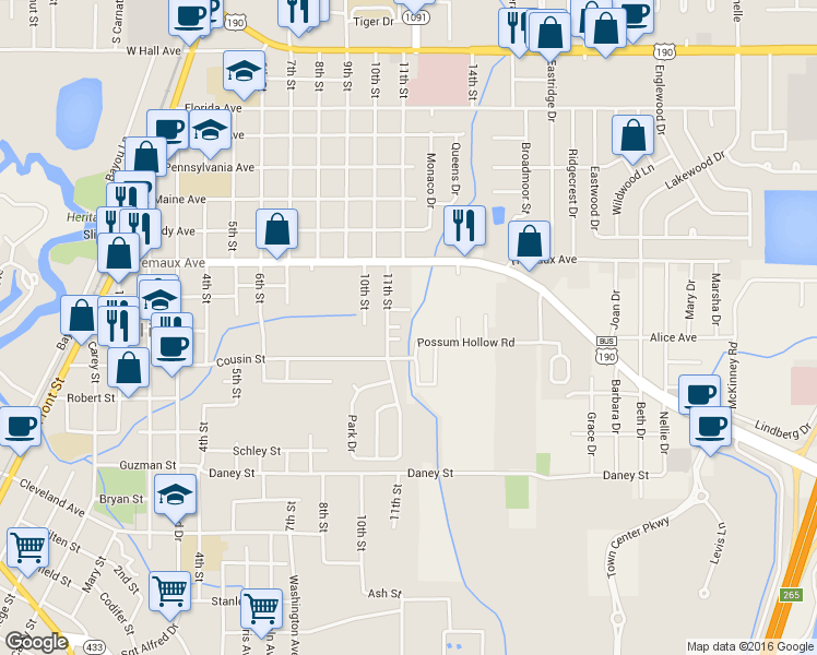 map of restaurants, bars, coffee shops, grocery stores, and more near 2120 11th Street in Slidell
