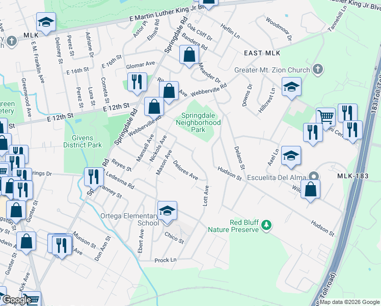 map of restaurants, bars, coffee shops, grocery stores, and more near 5100 Lott Avenue in Austin