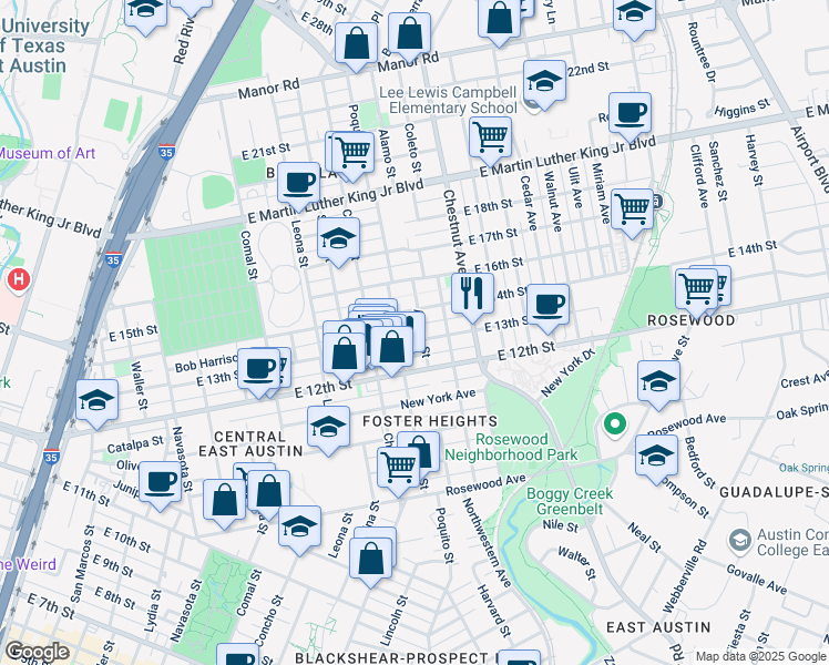 map of restaurants, bars, coffee shops, grocery stores, and more near 2000 East 14th Street in Austin