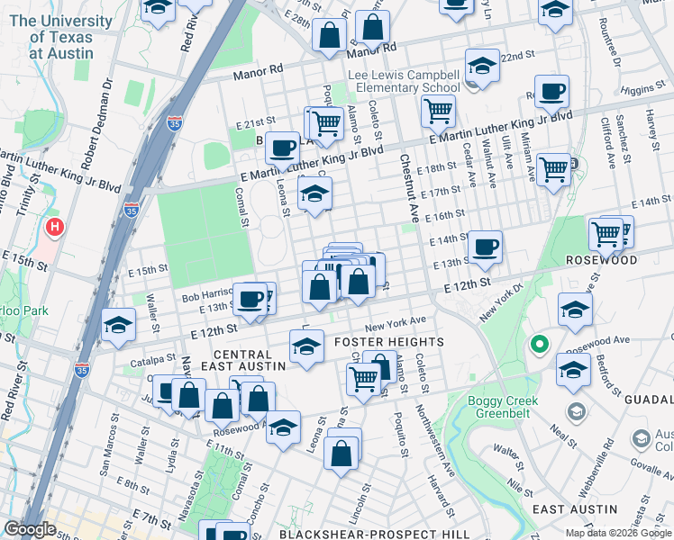 map of restaurants, bars, coffee shops, grocery stores, and more near 1808 Chicon Street in Austin