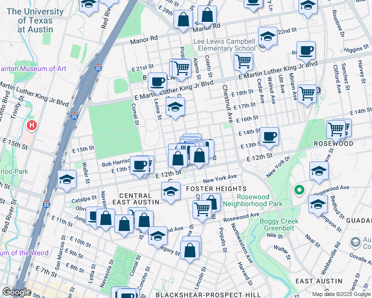 map of restaurants, bars, coffee shops, grocery stores, and more near 1808 Chicon Street in Austin