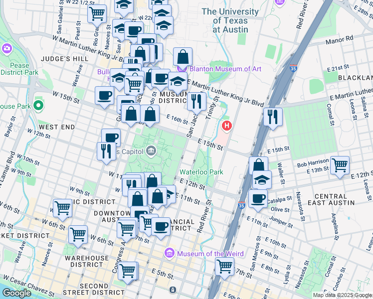 map of restaurants, bars, coffee shops, grocery stores, and more near in Austin